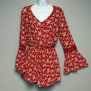 Hollister Boho Hippie Festival Bell Sleeve Romantic Red Floral Romper Women Sz M